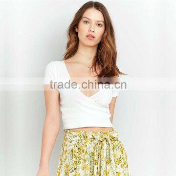 2017 Ladies Ribbed Deep V-neck Short Sleeves Ballet Wrap Crop Cami Tops photo-3