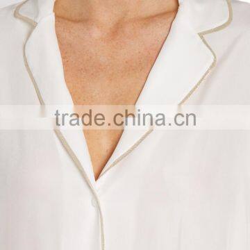 High Quality Shawl Collared White and Golden Color Contrasting Satin Sleepwear photo-5