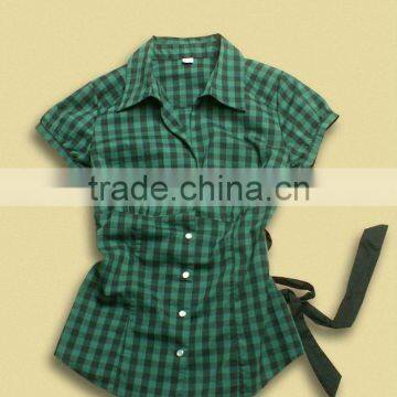 100% Cotton slim fit short sleeve agitate green lady long fashion blouse