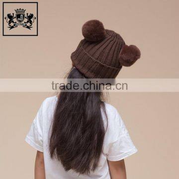 Factory Direct Rabbit Fur Removable Fur Bobble Winter Double Pom Crochet Kids Hat photo-6
