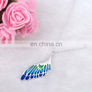 Latest Design Enamel Gradients Feather Matte Pendant Sterling Silver Necklace