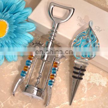 Murano Teal and Gold Bottle Stopper and Opener Set