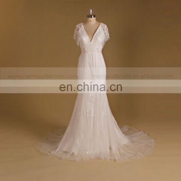 Brilliant V Neck Pure Beads Cap Sleeves See Through Back Wedding Dress