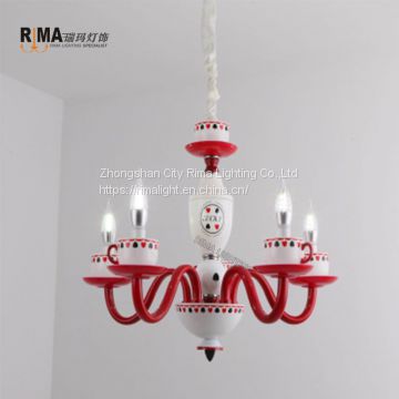 Rima Lighting Glass Crystal Chandelier Cristal Lustre Pendant Lamp with Lovely Coffee Cup for Kids Children Cartoon Room Decor