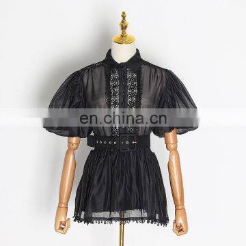 TWOTWINSTYLE Chiffon Patchwork Embroidery Lapel Collar Lantern Sleeve High Waist Loose Slim Shirt Female photo-3