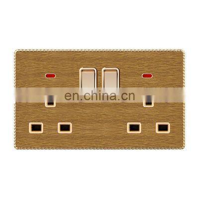 Type 146 UK Standard 6-pin Dual Switch Wall Socket With Light Thick Solid Wood Panel Sockets and Switches Electrical 13A