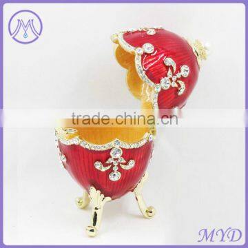 Fashion Jewelry Metal Red Enameled Faberge Style Russian Egg Trinket Box photo-4