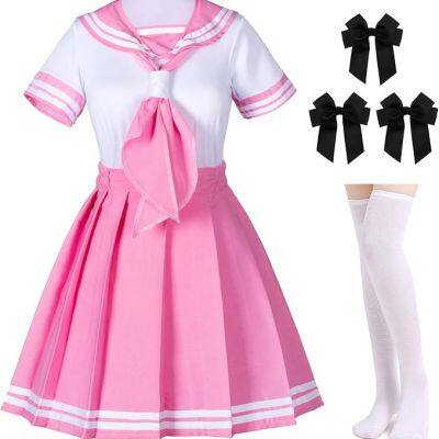 Classic Japanese Anime School Girls Pink Sailor Dress Shirts Uniform Cosplay Costumes with Socks Hairpin Set