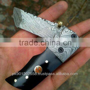 udk f28" custom handmade Damascus folding knife / pocket knife with buffalo horn and Damascus booster