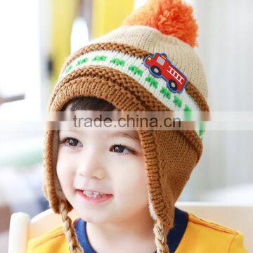 Newest Pom Pom Pigtail Tassels Automobile Applique Warm Fleece Inside Baby Kids Knitted Earflap Hat