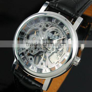 New Men's Black Leather Luxury Skeleton Dial Hand-Wind Up Mechanical Wrist Watch