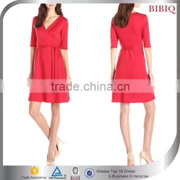 New Red V Neckline 3/4 Sleeve Shift Casual Dress for Women