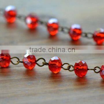 100cm Round Faceted Red Glass Bead Necklace Chain 6mm Glass Bead Antique Bronze Chain Jewelry Making Supplies