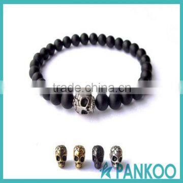 Men's Black obsidian Bead Bracelet with 925 Silver skull head charm Plaza Healing Power Lava Rock Bead Elastic Beaded Bracelet