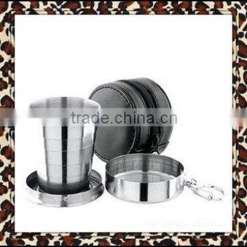 high quality stainless steel folding cup with leather pounch