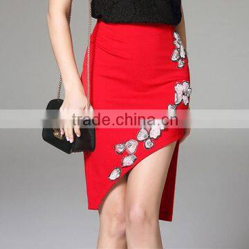 2016 Fashion Women Crystal Bead Applique Work Design Skirts Sexy Irregular Hem High Waist Slim Black Red Summer Skirt