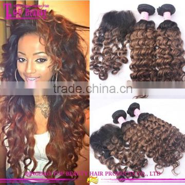 2016 Best Quality Deep Wave Brazilian Remy Ombre Hair Weave Cheap Human Hair Lace Closure