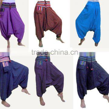 VTG HIPPIE BOHO oriental harem cotton gypsy yoga belly dance art fisherman Tribal Alladin Trousers pants SOLID color pom pom