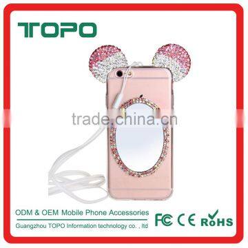 New arrival ultra thin 3D cartoon diamond phone case with mirror cover for iPhone 6 6s plus, soft tpu mirror case with strap