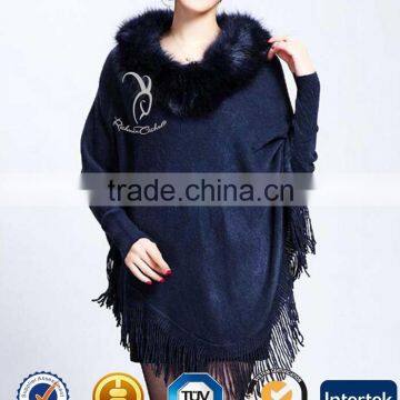 Cashmere Poncho With Fur Trim And Fringe