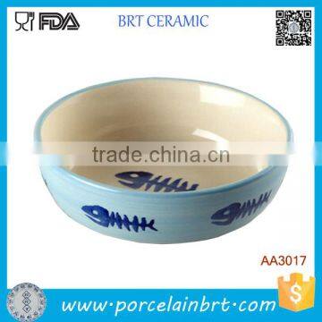 Ceramic Fish Bone Print Round Shape Deep Cat Bowl