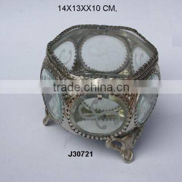 Hexagon Glass and brass box with brass feet and metal fittings in Nickel finish