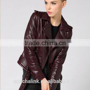 newest german style lady pure lambskin trendy red wine leather jacket