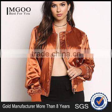 MGOO Foshan Manufacturer Cheap Price Satin Bomber Jacket For Women Shiny Custom Oversized Zip Jackets