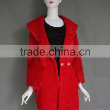 2016 Factory Direct Wholesale Fashion Lady's Bright Red Lamb Shearing Fur Jacket Long Warm Real Cashmere Parka photo-5