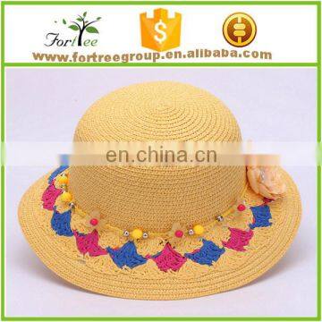 new fashion wholesale girls straw floppy hats with linen bowknot