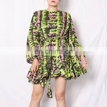 TWOTWINSTYLE Print Hit Color Lantern Long Sleeve O Neck High Waist A Line Summer Dresses Female photo-4