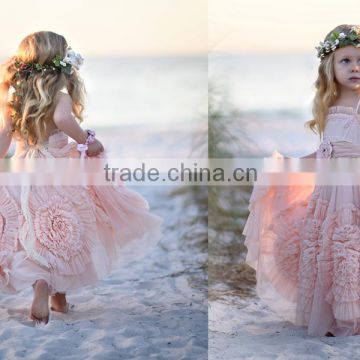 Pink Tulle Multi-layer Ruffled dress Fabric baby girl Lace Trim Wedding Dress