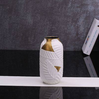 White Mint-Mark Leaf Gild Hand Made Ceramic Flower Vase Art Gift For Living Room Office Study photo-3