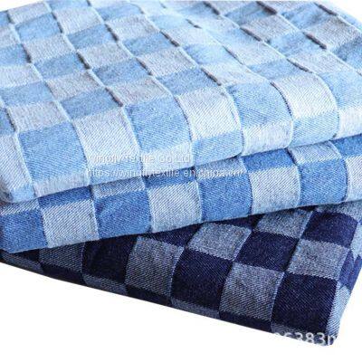 10oz 100%Cotton Jacquard Blue Checkered Fabric Washed Denim Material W068 photo-3