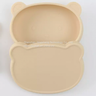 Cute Animal Bear Kids Tableware Dinner Dish Feeding Plate With Lid Baby Silicone Tableware