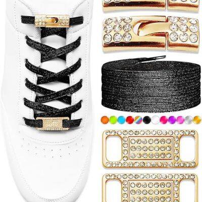 Elastic No Tie Shoe Laces With Bling Diamond Locks & Charms for Women's Sneakers