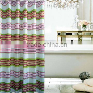 Waterproof polyester green and pink strip printed shower curtain, hot sale shower curtain