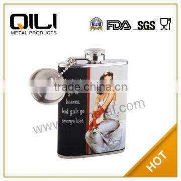 Hot transfer leather wrapped stainless steel russian hip flask with funnel