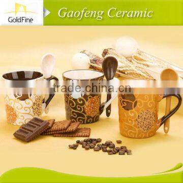 three- color ceramic coffee mug with spoon &solid color coffee cup