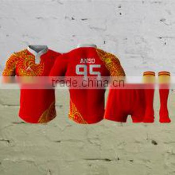 100% Polyester Red Sublimated Rugby Kit with Yellow design