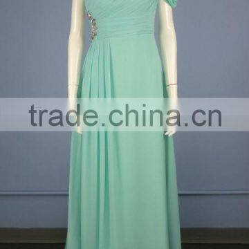 One Shoulder Beaded Turquoise Blue Chiffon Evening Dress with Drapped Sleeves ES0014