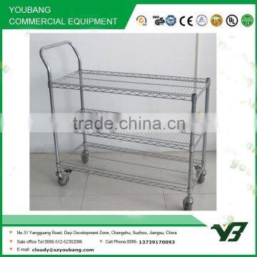 2015 hot sell NSF 36x18 inch 3 layer chrome single hand push trolley with wheels (YB-WS048)