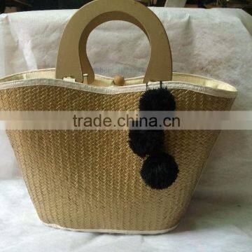 Best selling eco-friendly gold seagrass plant beach bag with pompoms