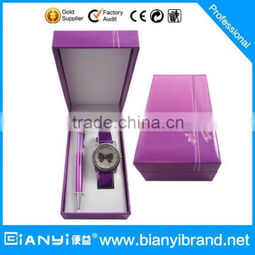 2016 new promotional japan movt watches for woman name brand good quality watch with purple color pen in box