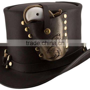 BLACK LEATHER MEN'S MAVERICK GOTHIC HAT W: CONCHO BELT AUSTRALIAN HAND MADE