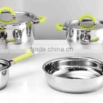 new product 9PCS stainless steel cookware with yellow silicon glass lid