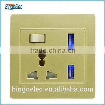 UK standard PC material 13a 1gang switched socket with double USB socket