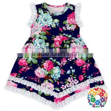 Children Girls Fashion Navy Flower Pattern Dress Sleeveless White Lace Summer Dresses 2017