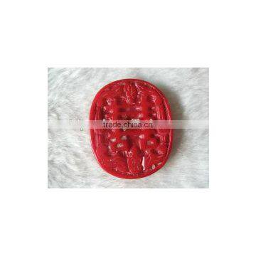 wholesale 30-40mm oval red flower chinese alphabet carved natural coral pendant