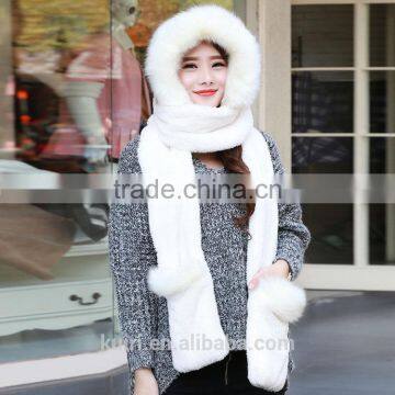 High Quality Hot Sales Type Women Hat Winter Soft With Long Scarf Mittens Ski Attached Gloves Faux Fur Hood photo-3